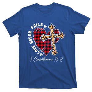 Love Never Fails Funny Plaid Heart Leopard Cross Funny Gift T-Shirt