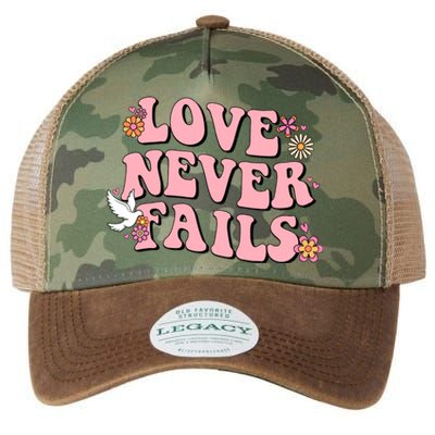 Love Never Fails Groovy Valentines Day Christian Religious Cool Gift Legacy Tie Dye Trucker Hat