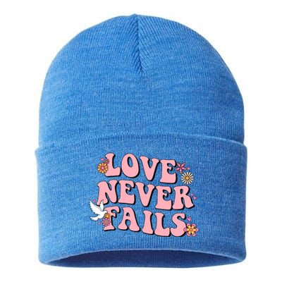 Love Never Fails Groovy Valentines Day Christian Religious Cool Gift Sustainable Knit Beanie