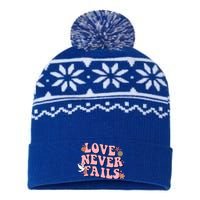 Love Never Fails Groovy Valentines Day Christian Religious Cool Gift USA-Made Snowflake Beanie