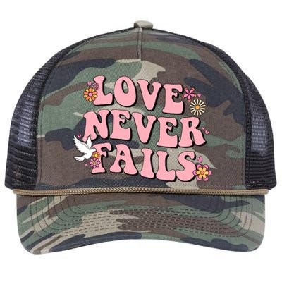 Love Never Fails Groovy Valentines Day Christian Religious Cool Gift Retro Rope Trucker Hat Cap