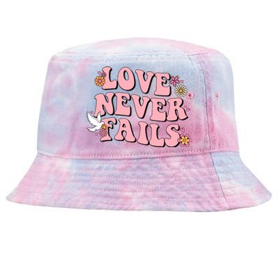 Love Never Fails Groovy Valentines Day Christian Religious Cool Gift Tie-Dyed Bucket Hat