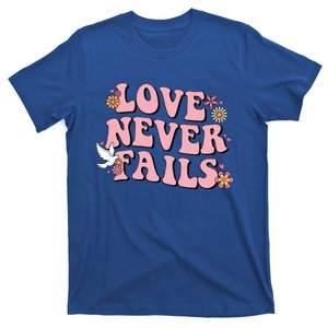 Love Never Fails Groovy Valentines Day Christian Religious Great Gift T-Shirt