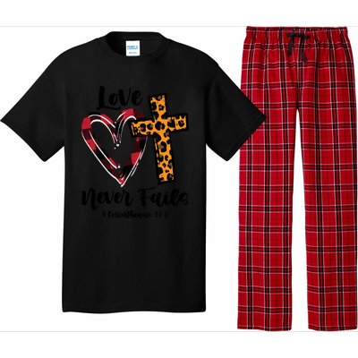 Love Never Fail Bible Valentines Day Leopard Christian Gift Pajama Set