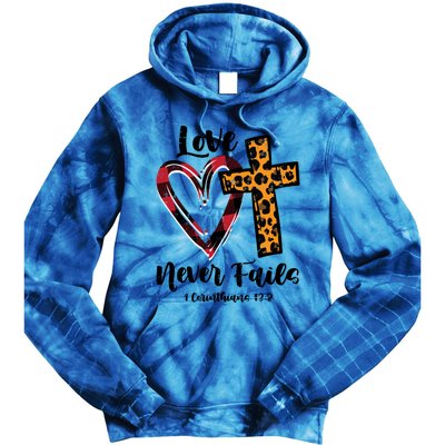 Love Never Fail Bible Valentines Day Leopard Christian Gift Tie Dye Hoodie