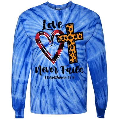 Love Never Fail Bible Valentines Day Leopard Christian Gift Tie-Dye Long Sleeve Shirt