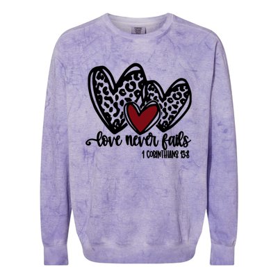 Love Never Fails Valentines Day Couples Tee Leopard Heart Gift Colorblast Crewneck Sweatshirt