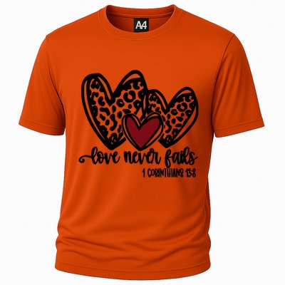 Love Never Fails Valentines Day Couples Tee Leopard Heart Gift Cooling Performance Crew T-Shirt