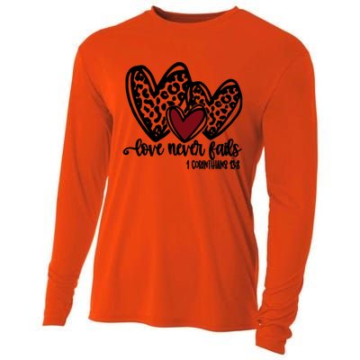 Love Never Fails Valentines Day Couples Tee Leopard Heart Gift Cooling Performance Long Sleeve Crew