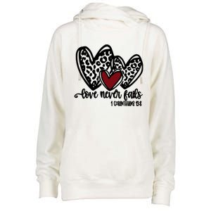 Love Never Fails Valentines Day Couples Tee Leopard Heart Gift Womens Funnel Neck Pullover Hood