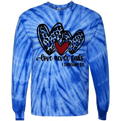 Love Never Fails Valentines Day Couples Tee Leopard Heart Gift Tie-Dye Long Sleeve Shirt