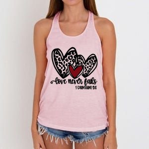 Love Never Fails Valentines Day Couples Tee Leopard Heart Gift Women's Knotted Racerback Tank