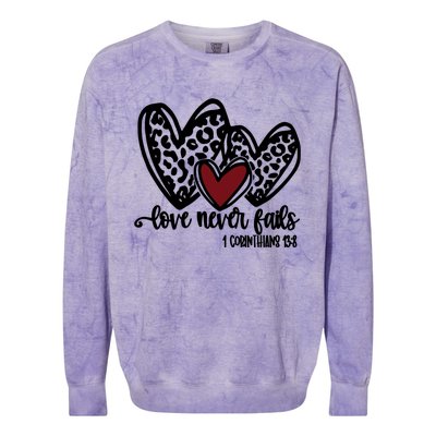 Love Never Fails Valentines Day Couples Tee Leopard Heart Gift Colorblast Crewneck Sweatshirt