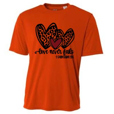 Love Never Fails Valentines Day Couples Tee Leopard Heart Gift Cooling Performance Crew T-Shirt