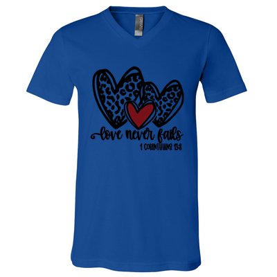 Love Never Fails Valentines Day Couples Tee Leopard Heart Gift V-Neck T-Shirt