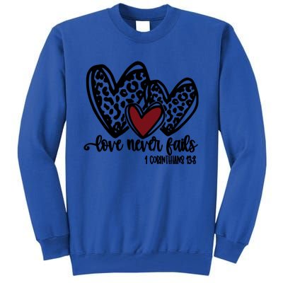 Love Never Fails Valentines Day Couples Tee Leopard Heart Gift Tall Sweatshirt