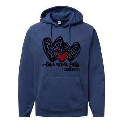 Love Never Fails Valentines Day Couples Tee Leopard Heart Gift Performance Fleece Hoodie