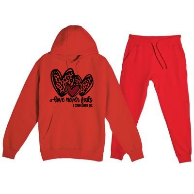 Love Never Fails Valentines Day Couples Tee Leopard Heart Gift Premium Hooded Sweatsuit Set