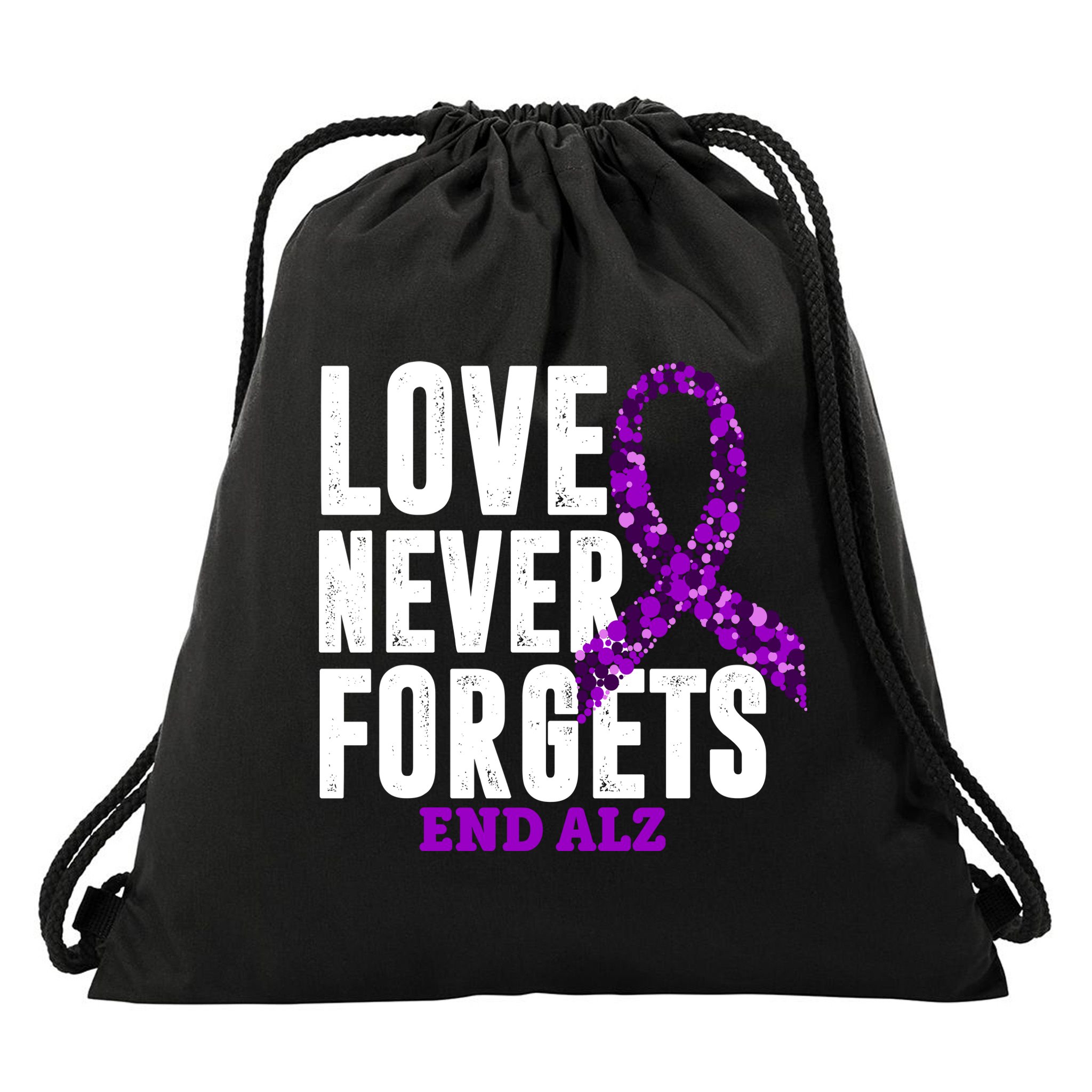 Love Never Forgets End Alzheimer Awareness Drawstring Bag