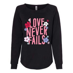 Love Never Fails Retro Groovy Valentine Day Matching Couple Womens California Wash Sweatshirt