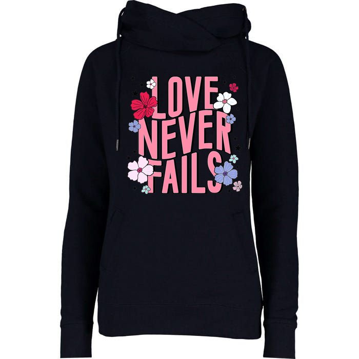 Love Never Fails Retro Groovy Valentine Day Matching Couple Womens Funnel Neck Pullover Hood