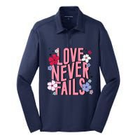 Love Never Fails Retro Groovy Valentine Day Matching Couple Silk Touch Performance Long Sleeve Polo