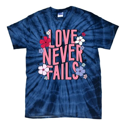 Love Never Fails Retro Groovy Valentine Day Matching Couple Tie-Dye T-Shirt