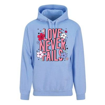 Love Never Fails Retro Groovy Valentine Day Matching Couple Unisex Surf Hoodie