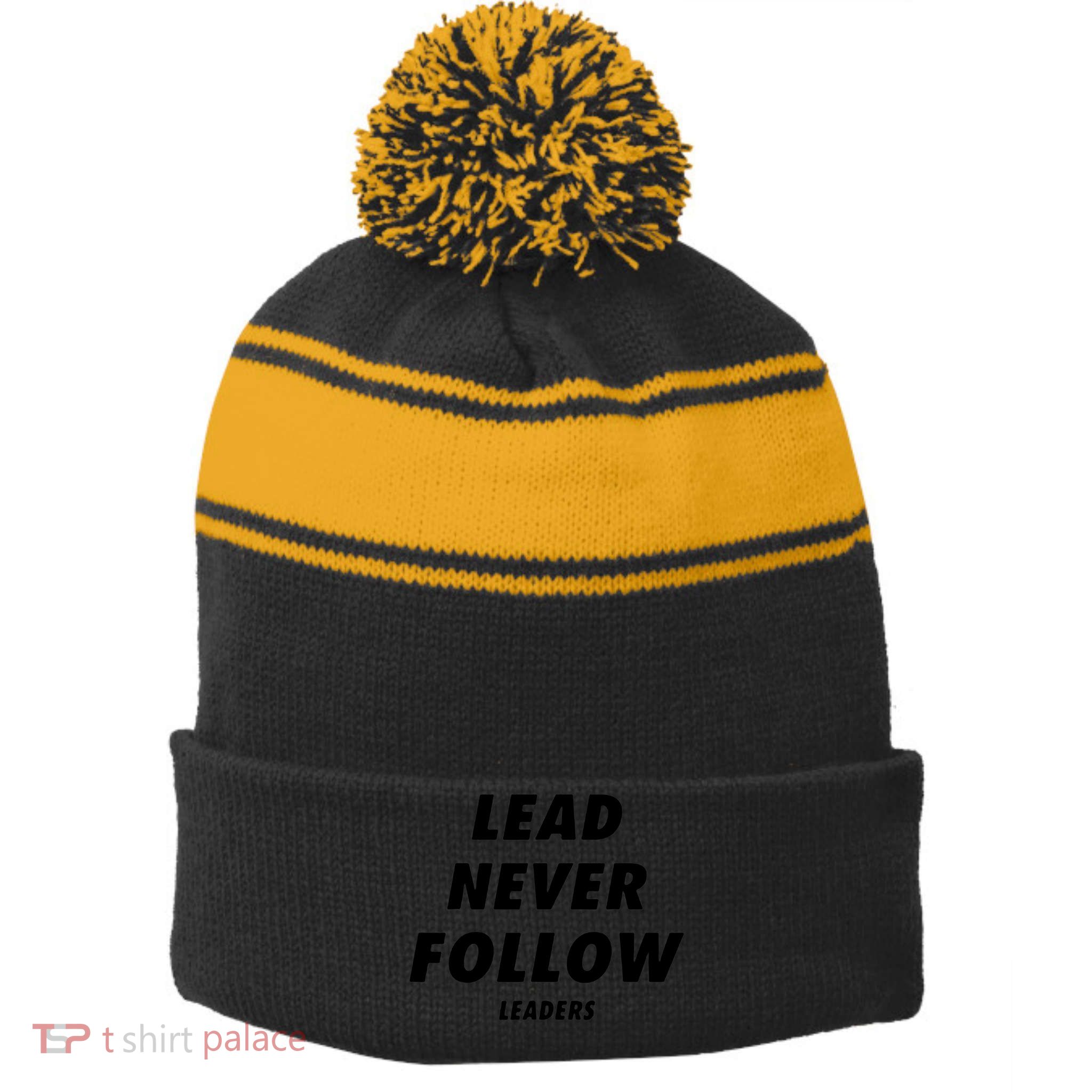 Lead Never Follow Stripe Pom Pom Beanie