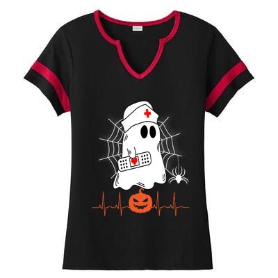 Love Nurse Halloween Pumpkin Fall Nurses Costume Gift Ladies Halftime Notch Neck Tee