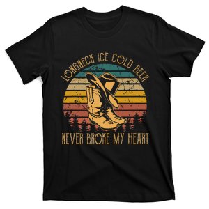 Long Neck Ice Cold Beer Never Broke My Heart Cowboy Boot Hat T-Shirt