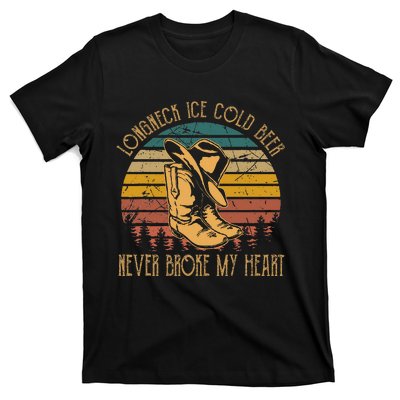 Long Neck Ice Cold Beer Never Broke My Heart Cowboy Boot Hat T-Shirt