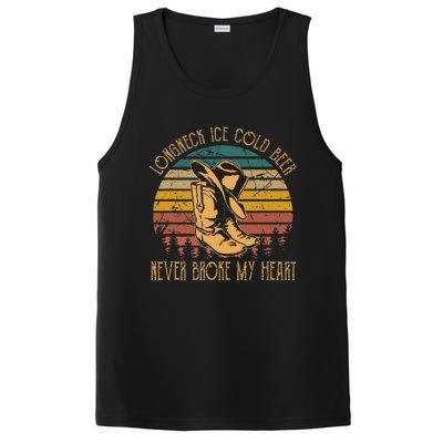 Long Neck Ice Cold Beer Never Broke My Heart Cowboy Boot Hat PosiCharge Competitor Tank