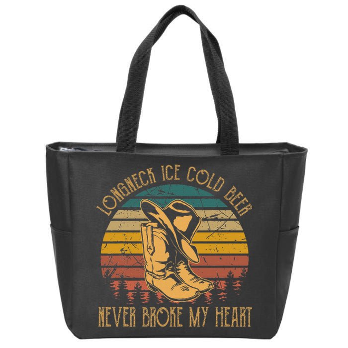 Long Neck Ice Cold Beer Never Broke My Heart Cowboy Boot Hat Zip Tote Bag