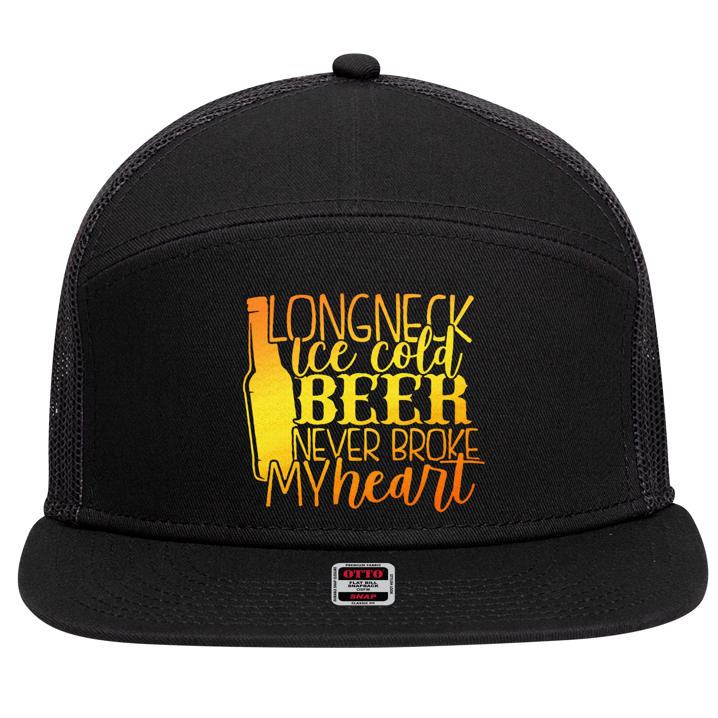 Long Neck Ice Cold Beer Never Broke My Heart Apparel 7 Panel Mesh Trucker Snapback Hat