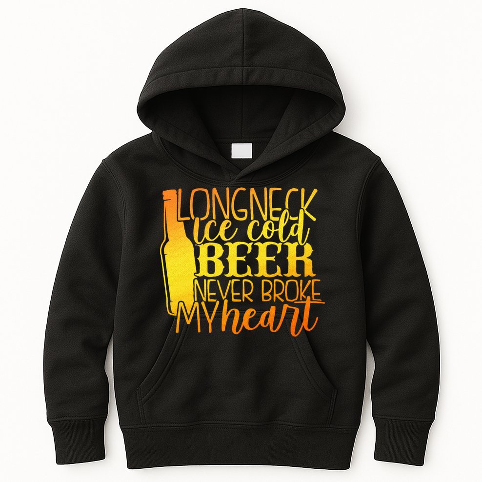 Long Neck Ice Cold Beer Never Broke My Heart Apparel Kids Hoodie