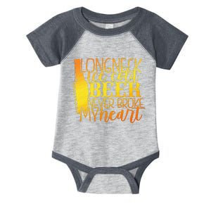 Long Neck Ice Cold Beer Never Broke My Heart Apparel Infant Baby Jersey Bodysuit