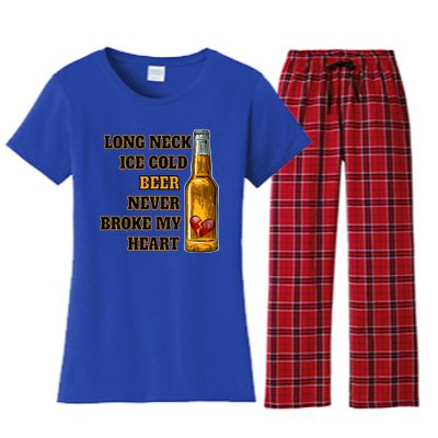 Long Neck Ice Cold Beer Never Broke My Heart Gift Women's Flannel Pajama Set