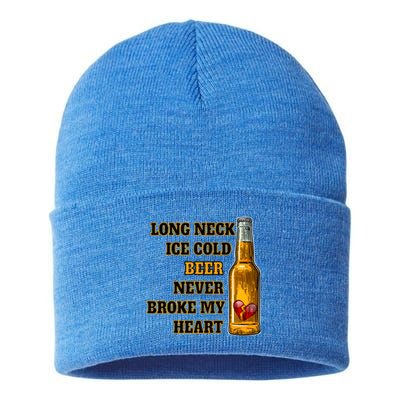 Long Neck Ice Cold Beer Never Broke My Heart Gift Sustainable Knit Beanie