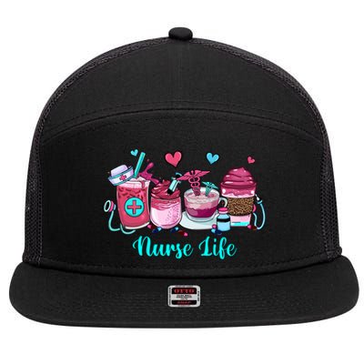 Love Nurse Life Coffee Scrubs And Rubber Gloves Stethoscope Great Gift 7 Panel Mesh Trucker Snapback Hat