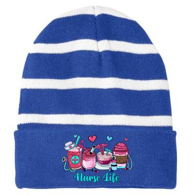 Love Nurse Life Coffee Scrubs And Rubber Gloves Stethoscope Great Gift Striped Beanie with Solid Band