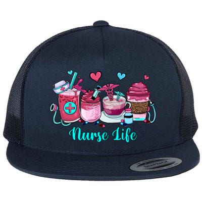 Love Nurse Life Coffee Scrubs And Rubber Gloves Stethoscope Great Gift Flat Bill Trucker Hat