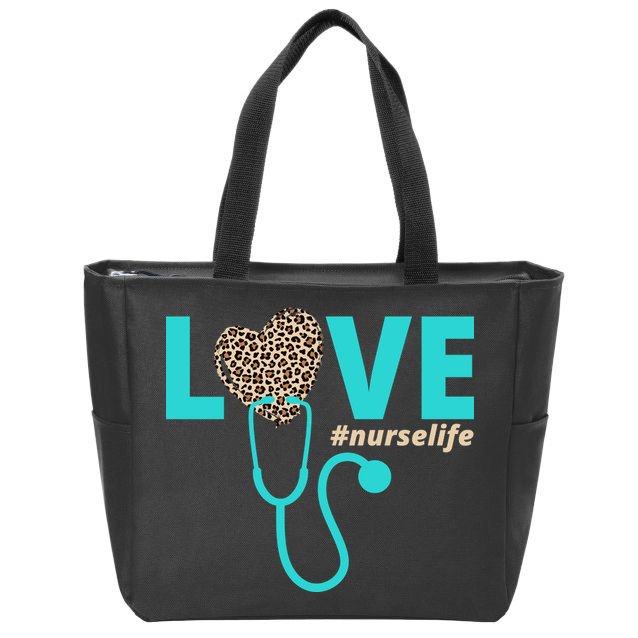 Love Nurse Life Leopard Heart Zip Tote Bag
