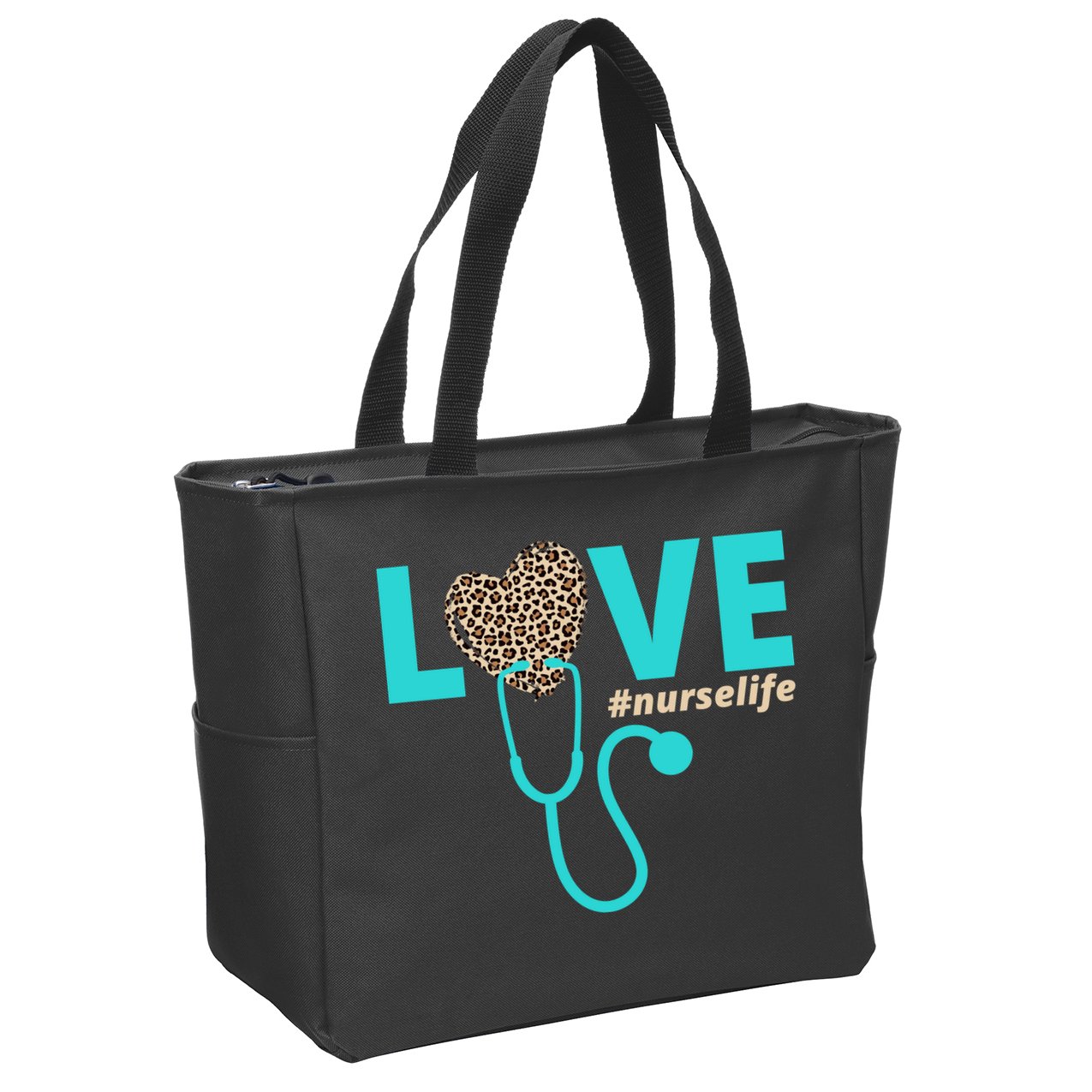 Love Nurse Life Leopard Heart Zip Tote Bag
