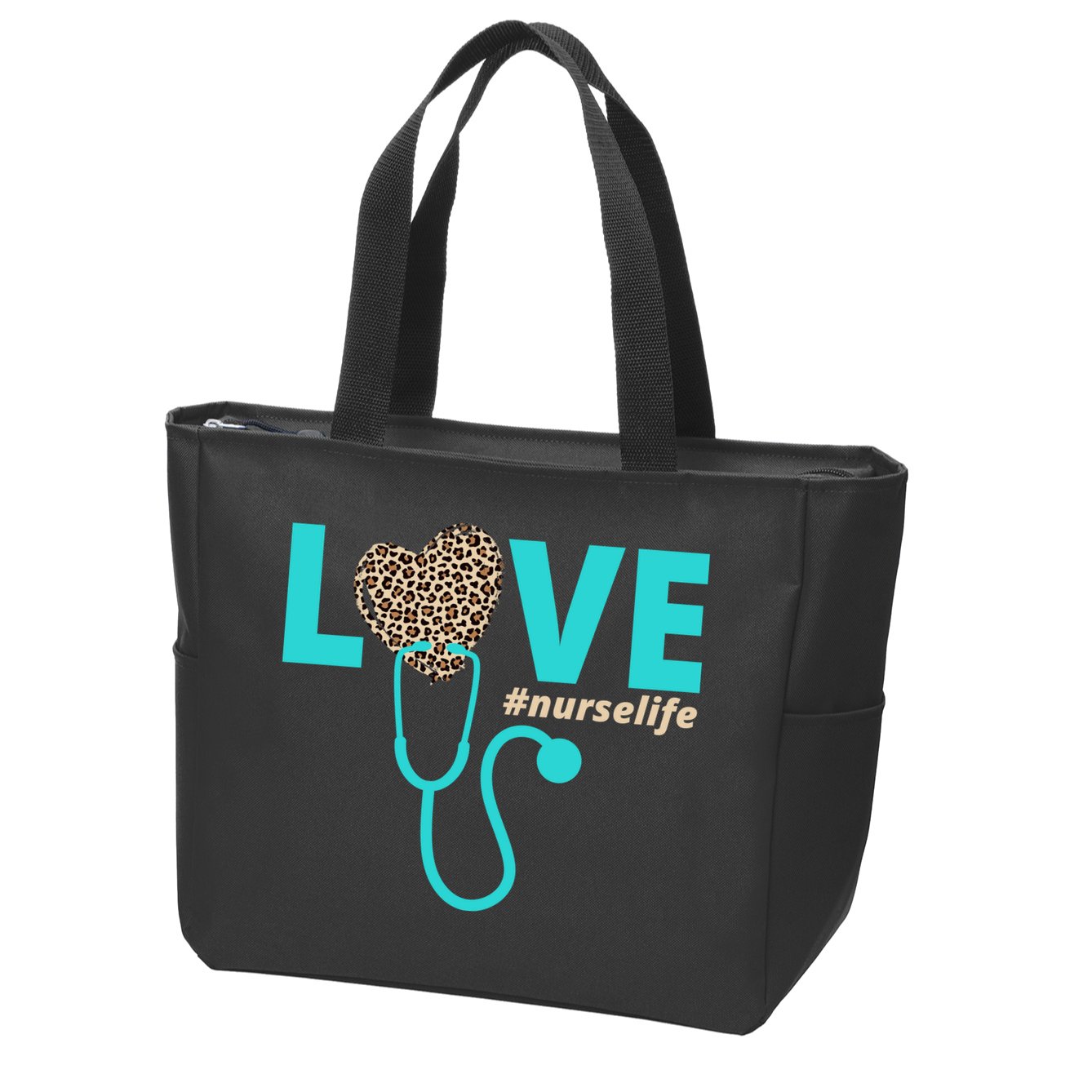 Love Nurse Life Leopard Heart Zip Tote Bag