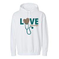 Love Nurse Life Leopard Heart Garment-Dyed Fleece Hoodie