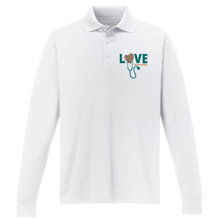 Love Nurse Life Leopard Heart Performance Long Sleeve Polo