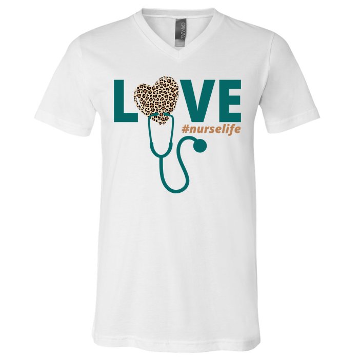 Love Nurse Life Leopard Heart V-Neck T-Shirt