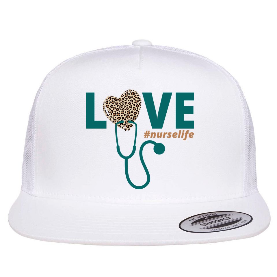 Love Nurse Life Leopard Heart Flat Bill Trucker Hat