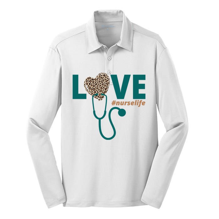 Love Nurse Life Leopard Heart Silk Touch Performance Long Sleeve Polo